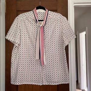 Alfred Dunner White Blouse with Red & Navy Dot Print and Tie Neck